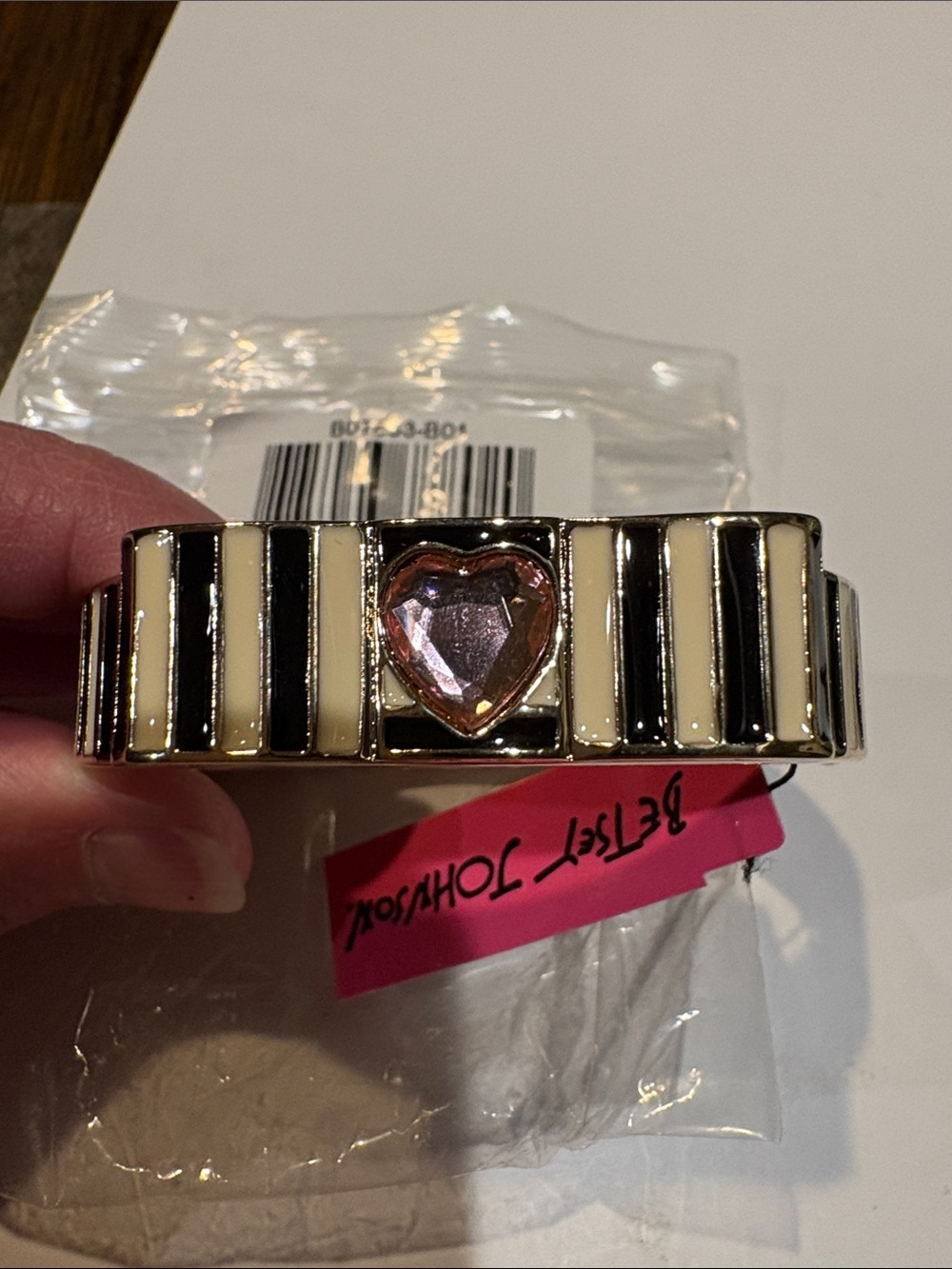 Betsey Johnson Black and Cream Bracelet with Pink Heart Crystal